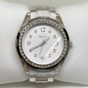 Relic women’s watch 37mm round quartz silver tone clear plastic band running